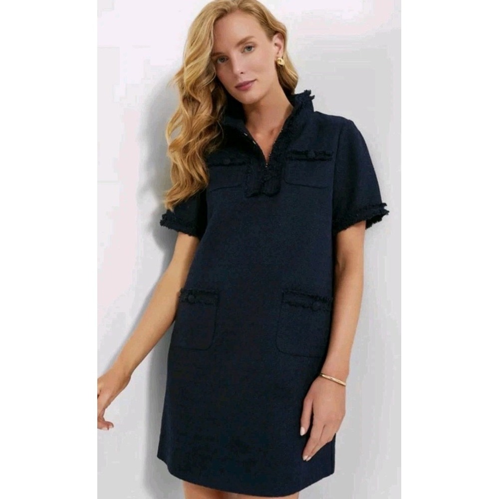NWT Tuckernuck Pomander Place Ophelia Tweed Shift Dress Navy Fringe Textured SzM